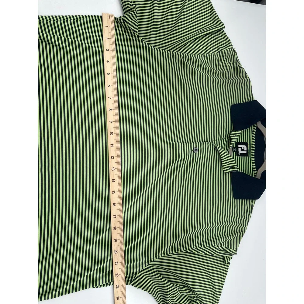FootJoy Mens Golf Polo Shirt Medium Lime Green Navy Blue Striped Short Sleeve FJ
